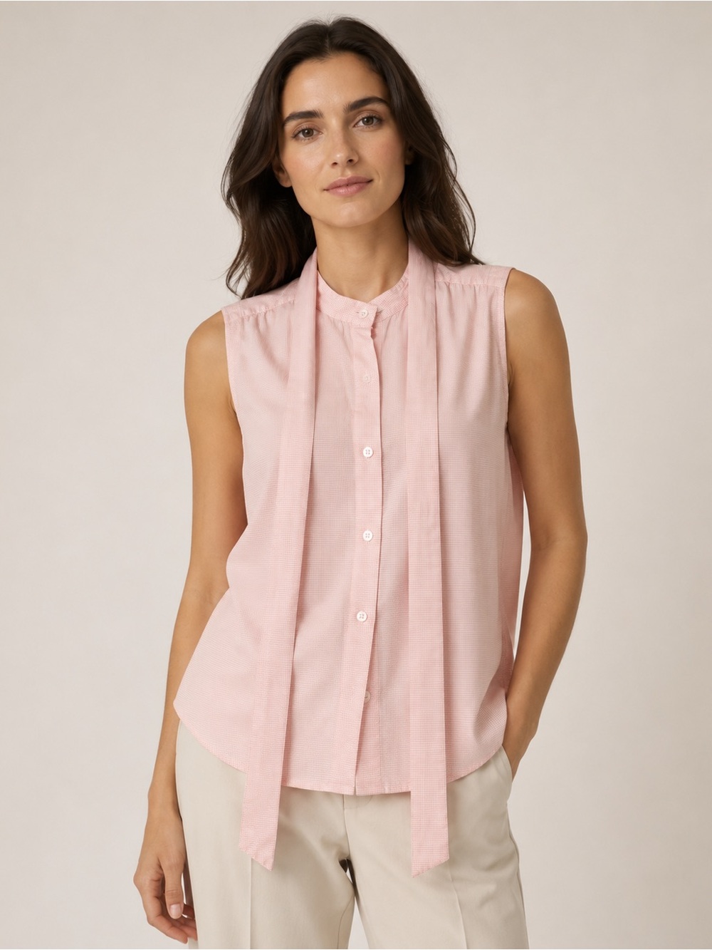 Theory Pink Micro Check Cotton Sleeveless Tie Neck Blouse Size M